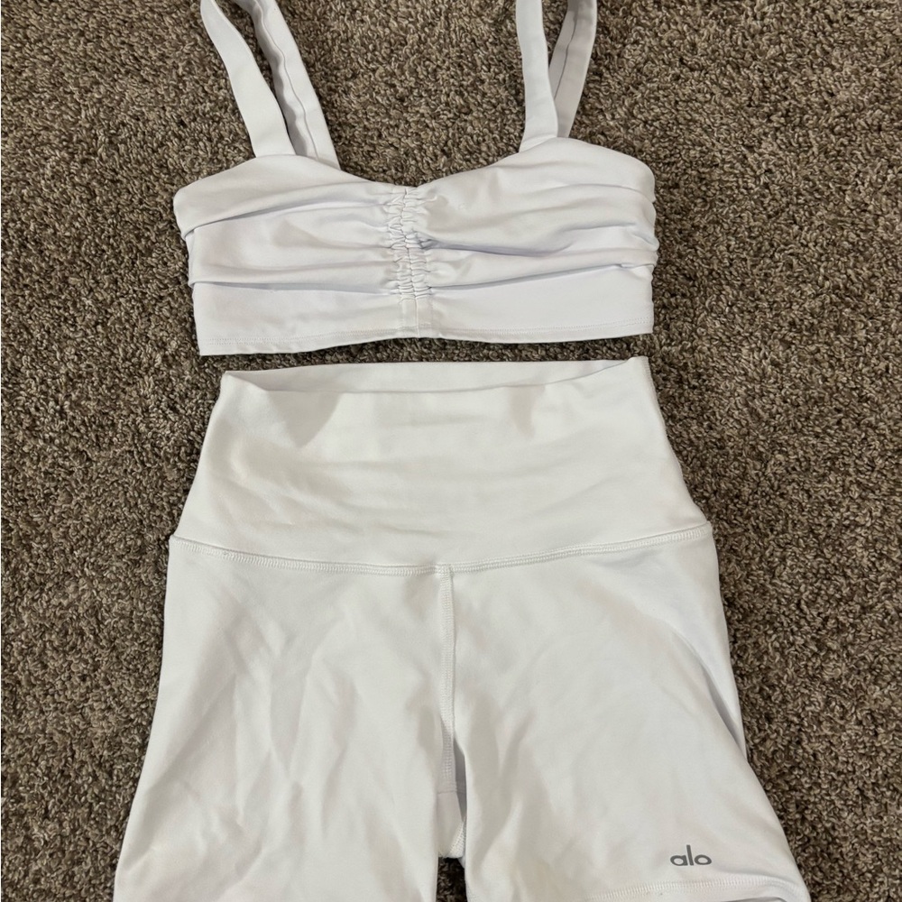 Alo White High-Waist Shorts and Ruched Sports Bra Set